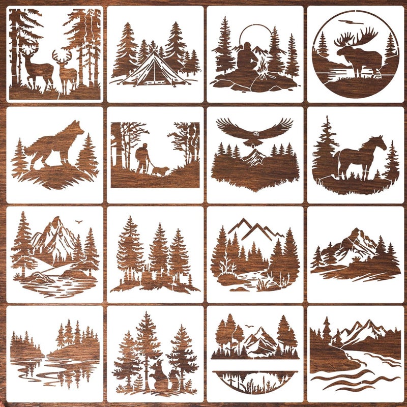 SUNVERSE Wood Burning Stencils for Crafts Reusable Forest Wildlife Stencils Mountain Scene Stencil for Painting on Wood Fabrics DIY Crafts - Image 1